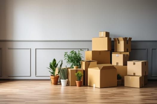 Move concept. Cardboard boxes and cleaning things for moving into a new home. Generative AI.
