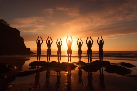 Person practicing yoga on beach during sunset, promoting mental health, self-care, and connection to nature. Generative AI.