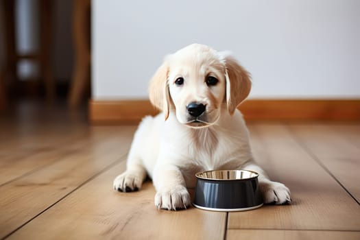 A small puppy eats food from a bowl. The puppy is smiling and lying on the floor, generative AI