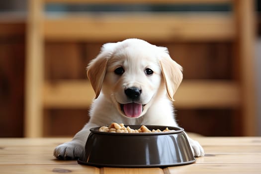 A small puppy eats food from a bowl. The puppy is smiling and lying on the floor, generative AI