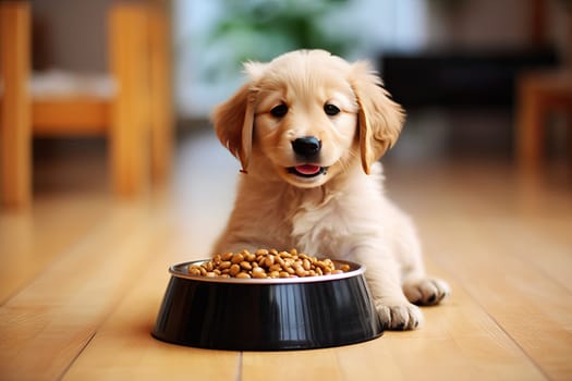 A small puppy eats food from a bowl. The puppy is smiling and lying on the floor, generative AI