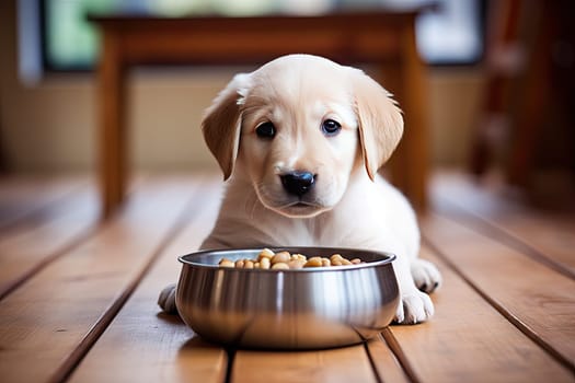 A small puppy eats food from a bowl. The puppy is smiling and lying on the floor, generative AI