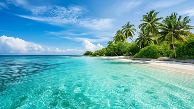 tropical beach view at sunny day with white sand, turquoise water and palm tree. Neural network generated image. Not based on any actual scene or pattern.