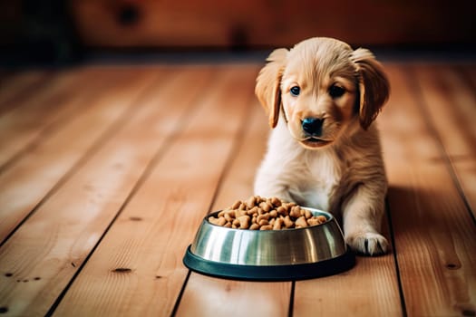 A small puppy eats food from a bowl. The puppy is smiling and lying on the floor, generative AI