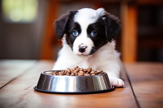 A small puppy eats food from a bowl. The puppy is smiling and lying on the floor, generative AI