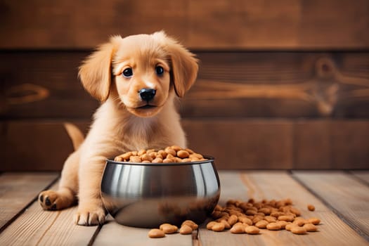 A small puppy eats food from a bowl. The puppy is smiling and lying on the floor, generative AI