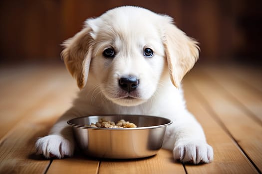 A small puppy eats food from a bowl. The puppy is smiling and lying on the floor, generative AI