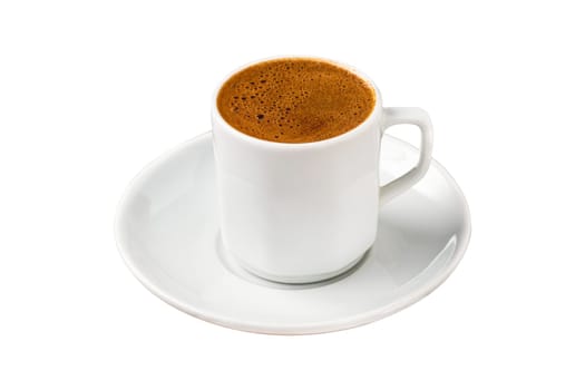 Turkish coffee in classic coffee cup on white background