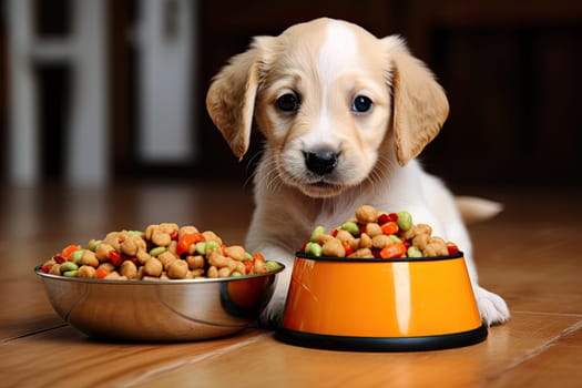 A small puppy eats food from a bowl. The puppy is smiling and lying on the floor, generative AI