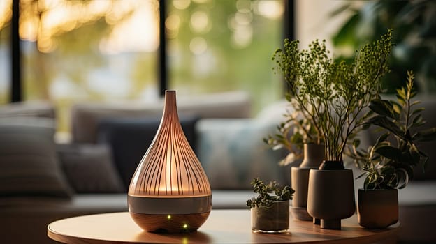 Humidifier on a table in a living room at home blurred background. Humidifier with white steam jet in cozy interior design, commercial photo for catalog. Generative AI