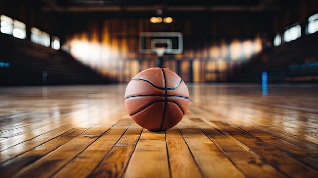 Close-up of a basketball in an empty gym. Basketball in the sport arena, Empty Indoor basketball court. Horizontal panoramic wallpaper with copy space. Generative AI