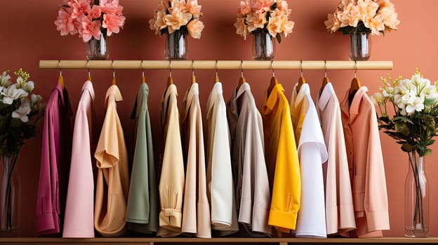 Summer closet, dresses and shirts on hangers. Creative concept of women's clothing showroom, designer dresses store. Fashionable women's closet wallpaper, Generative AI