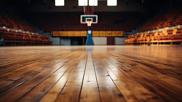 Basketball in the sport arena, Empty Indoor basketball court. Horizontal panoramic wallpaper with copy space. Generative AI