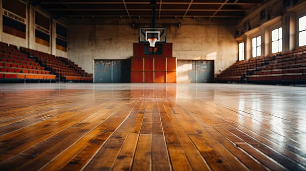 Basketball in the sport arena, Empty Indoor basketball court. Horizontal panoramic wallpaper with copy space. Generative AI