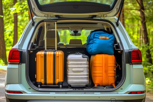 Modern SUV car trunk open and full of suitcases and bags to return from summer holidays. Neural network generated in January 2024. Not based on any actual scene or pattern.