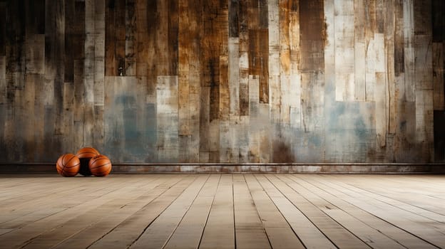 Basketball in the sport arena, Empty Indoor basketball court. Horizontal panoramic wallpaper with copy space. Generative AI