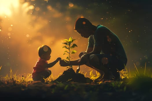 Father and son planting tree, concept of world environment day, Earth Day.