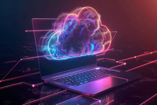 Cloud Computing Networks, an vibrant glowing gradient cloud hovering over an open laptop connected.