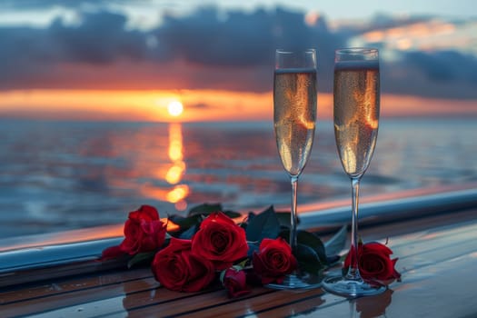 Champagne glasses on the table in Luxury cruise ship. travel concept. Generative AI.