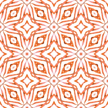 Hand painted tiled watercolor border. Orange symmetrical boho chic summer design. Tiled watercolor background. Textile ready divine print, swimwear fabric, wallpaper, wrapping.