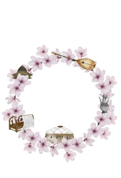 Watercolor postcard template for Nauryz. Illustration of the Kazakh holiday of the spring equinox isolated on a white background. Round frame of cherry or sakura flowers with the addition of national elements. Dombra, yurt, besik-cradle and jug