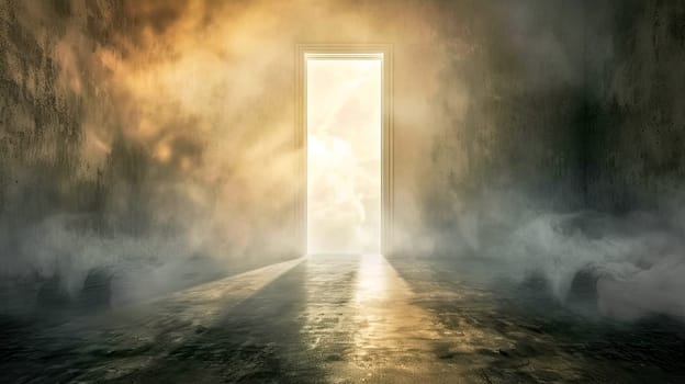 A wooden door is ajar in a dimly lit room, wisps of smoke drifting out. The natural landscape outside is obscured by the haze, creating a mysterious atmosphere