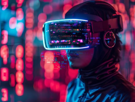 Man wearing Virtual Reality Helmet. VR gaming, cyberspace, cybersecurity, global information concept. Futuristic Cyber Reality with human.