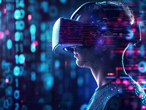 Man wearing Virtual Reality Helmet. VR gaming, cyberspace, cybersecurity, global information concept. Futuristic Cyber Reality with human.