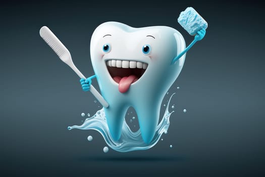 Happy healthy character tooth with toothbrush . Generative AI.