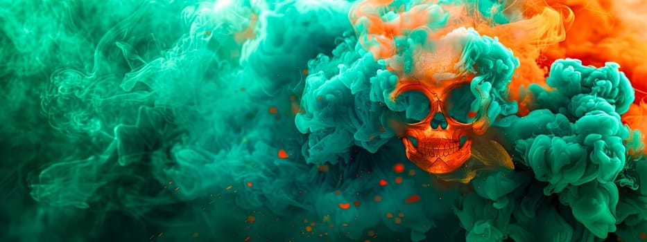 Abstract Skull with Colorful Smoke Art in Green and Orange Tones, copy space