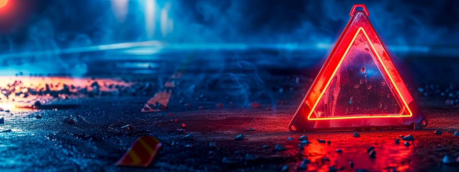 Glowing Red Warning Triangle on a Wet Road at Night, copy space