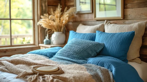 Bed with blue and beige pillows and bedspreads. Interior design of a modern bedroom in a country house.
