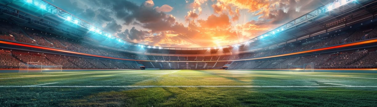 soccer or football stadium with green grass. advertising banner concept. Generative AI.