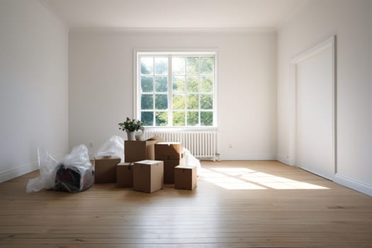 Move concept. Cardboard boxes and cleaning things for moving into a new home. Generative AI.