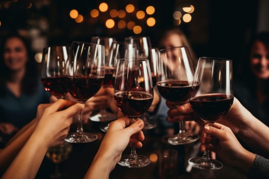 Close up of hands toasting wine at party, Generative AI.