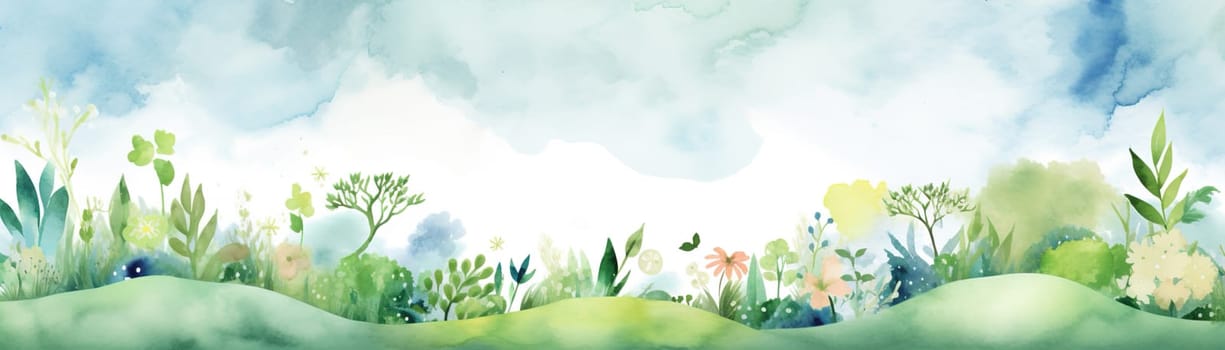 Watercolor background with plants, perfect for Earth Day themes, spring events, eco-friendly branding, and serene nature-inspired projects with ample copy space. Panoramic banner. Generative AI