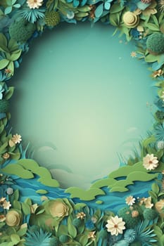 Vibrant Earth Day background featuring a circular frame of diverse green foliage, ideal for eco-conscious content, promotions, and messages needing a natural, lively touch. Copy space. Generative AI