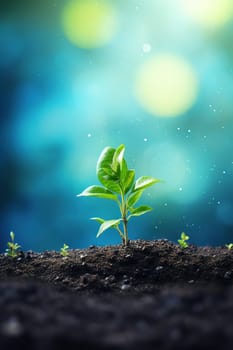 Young plant sprouting from soil against magical bokeh backdrop, symbolizing growth and hope. Perfect for Earth Day, environmental campaigns, eco-conscious initiatives. Space for text. Generative AI