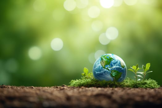 Earth Day image featuring vibrant globe on fertile soil with fresh sprouts, symbolizing hope and renewal. Ideal for sustainability and environmental conservation themes. Copy space. Generative AI