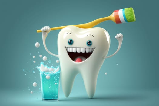 Happy healthy character tooth with toothbrush . Generative AI.