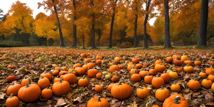 In the enchanting forest, November's Halloween pumpkin harvest unfolds. Bright orange orbs adorn the ground, a stunning sight amidst the autumn foliage. Generative AI.