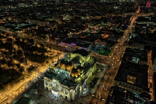 Mexico city arts palace aerial view panorama from tower at night