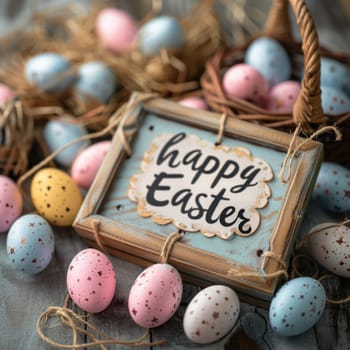 Stylish text frame of the board with the inscription happy easter. text happy Easter on pastel colored eggs. ai generated