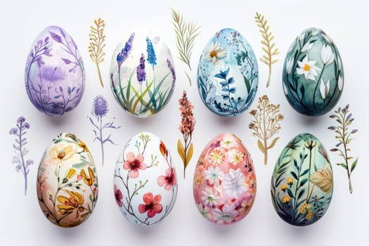 watercolor painting set of easter eggs and flowers on white, ai generated