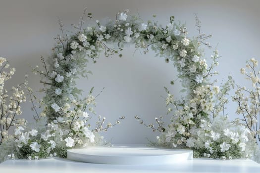 white stage podium with Easter wreath arch. ai generated