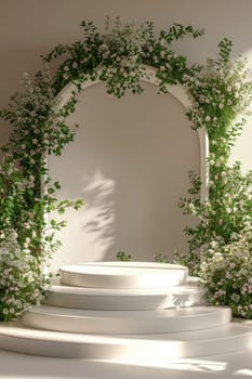 white stage podium with Easter wreath arch. ai generated