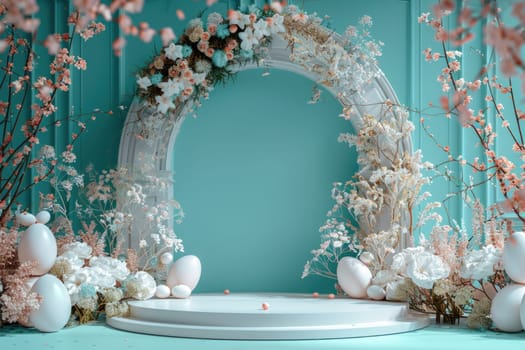 white stage podium with Easter wreath arch. ai generated