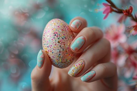 woman's hand with beautiful manicure Spring Easter Nail Design Art holding Easter egg. ai generated