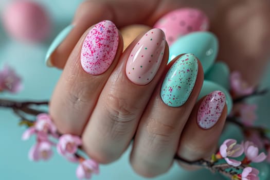 woman's hand with beautiful manicure Spring Easter Nail Design Art holding Easter egg. ai generated