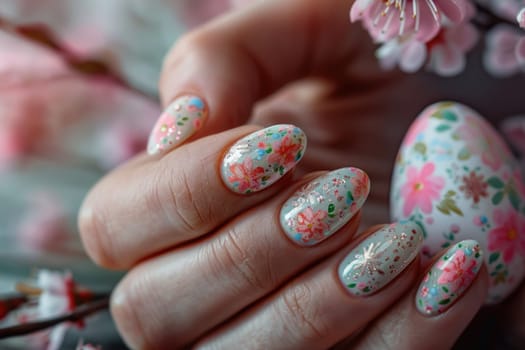 woman's hand with beautiful manicure Spring Easter Nail Design Art holding Easter egg. ai generated